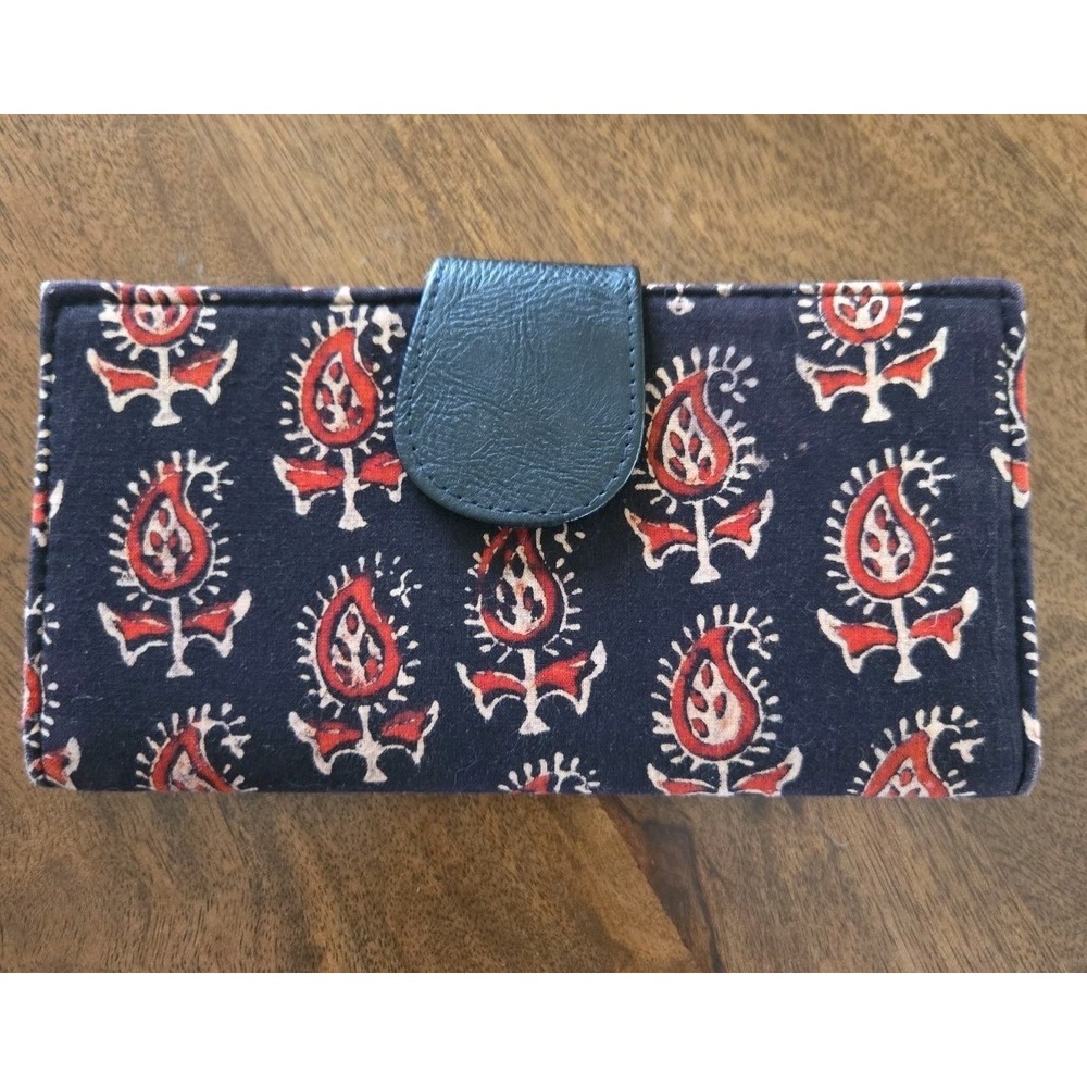 Vintage OKPTA Block Printed Floral Fabric/Leather Clasp Bi-Fold Wallet NWOT